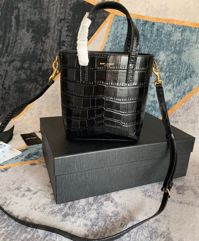 Saint Laurent Paris Mini Toy Shopping In Crocodile-Embossed Leather Black
